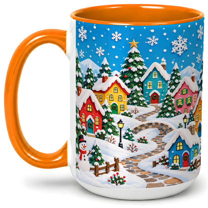 #pl[15oz|Orange] Christmas Village Ceramic Mug, Colorful Snowy Winter Artwork