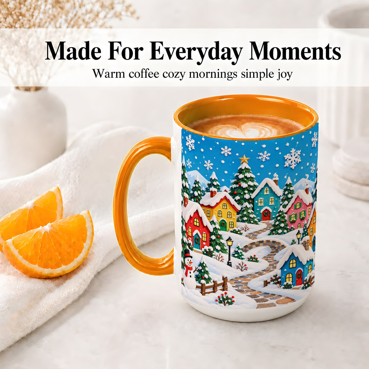 #pl[15oz|Orange] Christmas Village Ceramic Mug, Colorful Snowy Winter Artwork