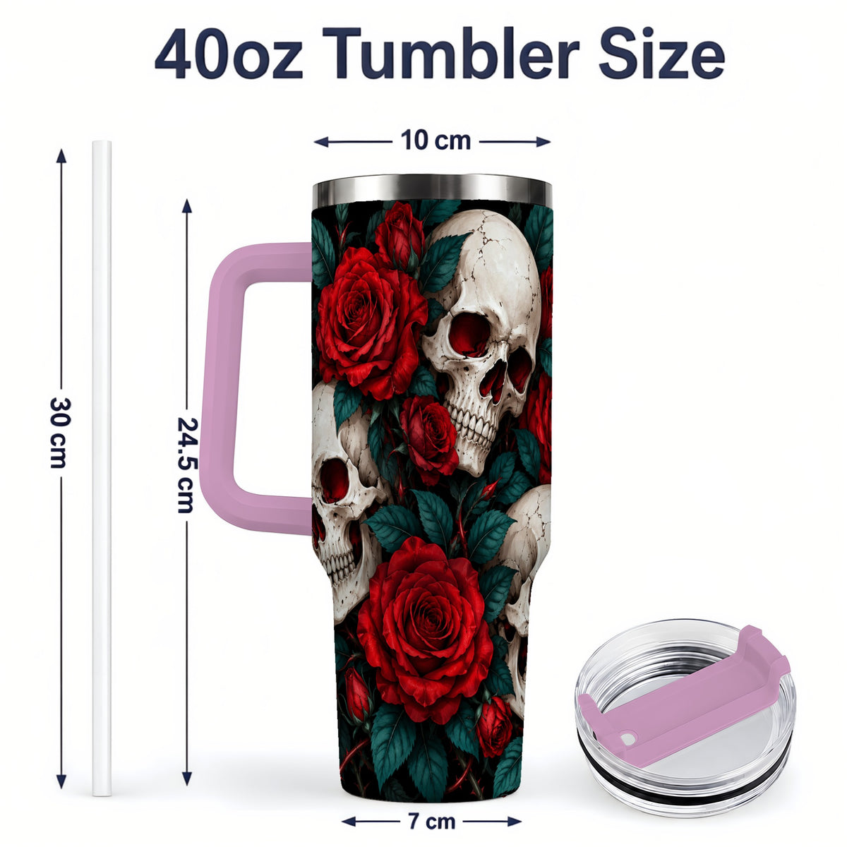 #pl[40oz|Pink] Red Rose Skull 40oz Tumbler, Stainless Steel Dark Gothic Floral Art