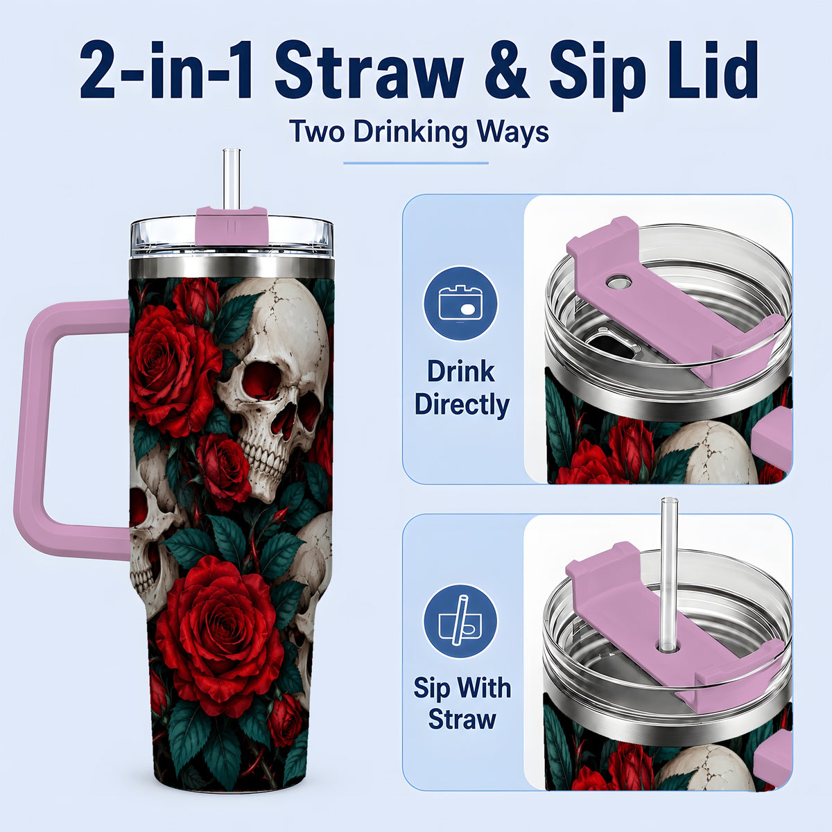 #pl[40oz|Pink] Red Rose Skull 40oz Tumbler, Stainless Steel Dark Gothic Floral Art