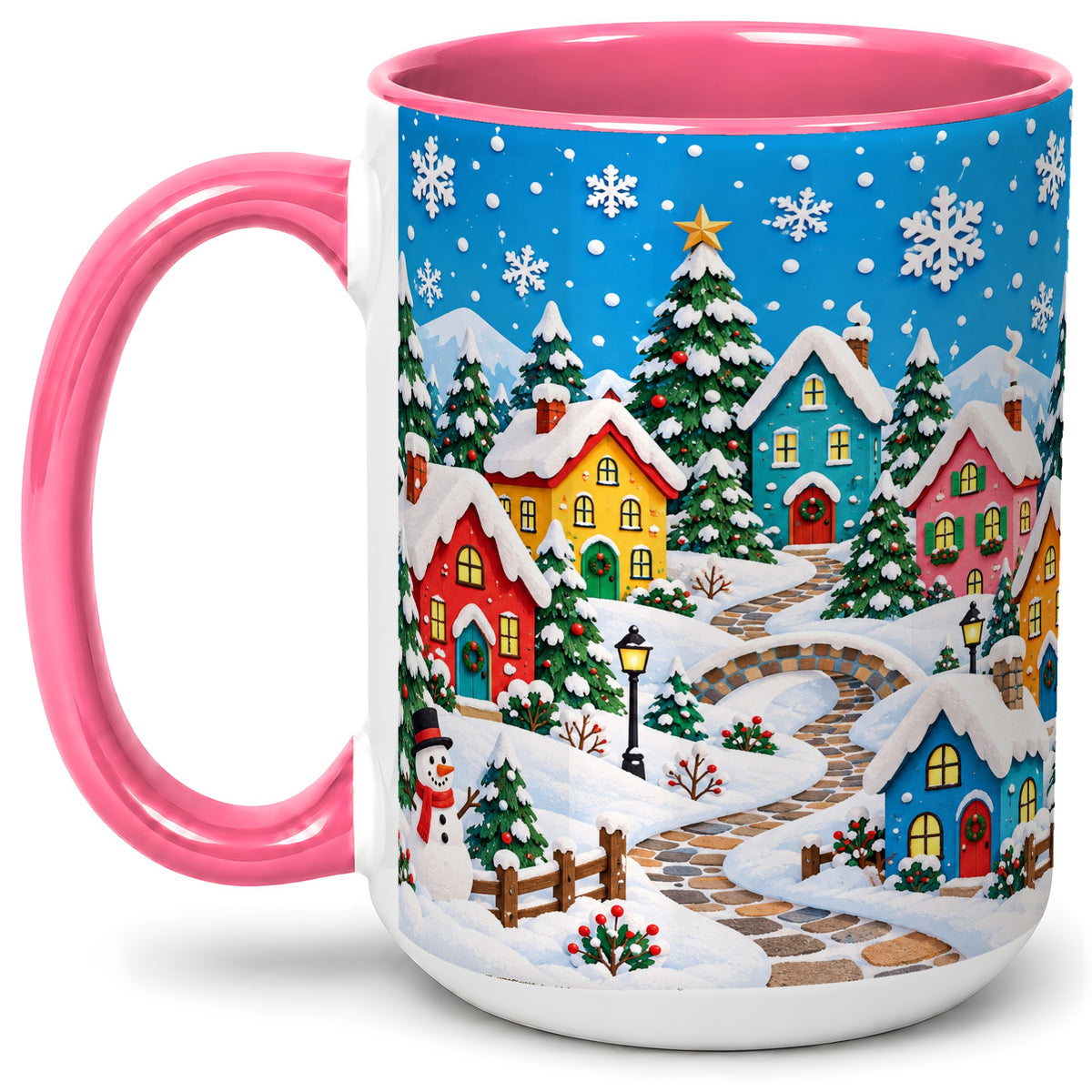 #pl[15oz|Pink] Christmas Village Ceramic Mug, Colorful Snowy Winter Artwork