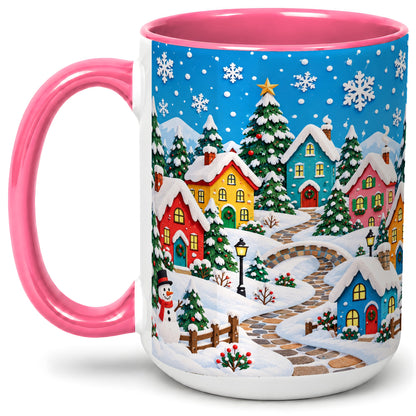 #pl[15oz|Pink] Christmas Village Ceramic Mug, Colorful Snowy Winter Artwork
