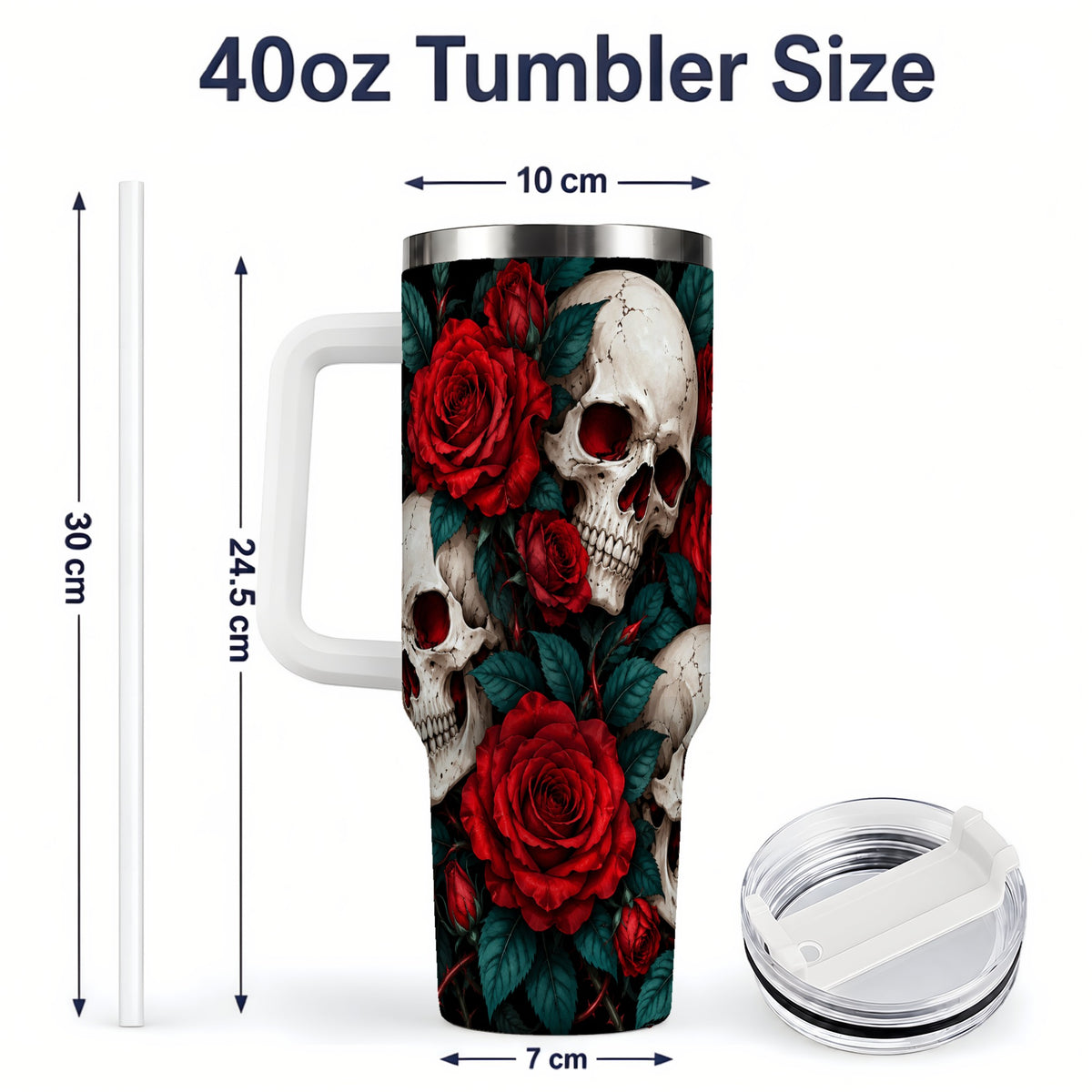 #pl[40oz|White] Red Rose Skull 40oz Tumbler, Stainless Steel Dark Gothic Floral Art