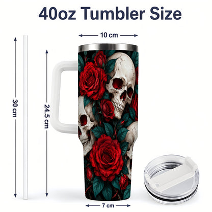 #pl[40oz|White] Red Rose Skull 40oz Tumbler, Stainless Steel Dark Gothic Floral Art
