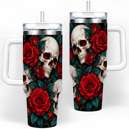 Red Rose Skull 40oz Tumbler, Stainless Steel Dark Gothic Floral Art
