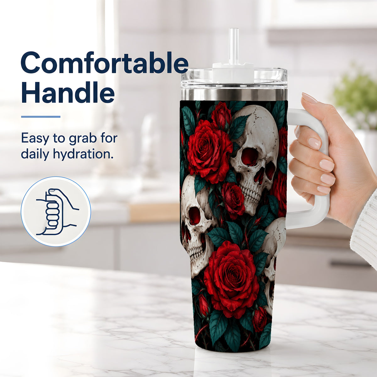 #pl[40oz|White] Red Rose Skull 40oz Tumbler, Stainless Steel Dark Gothic Floral Art
