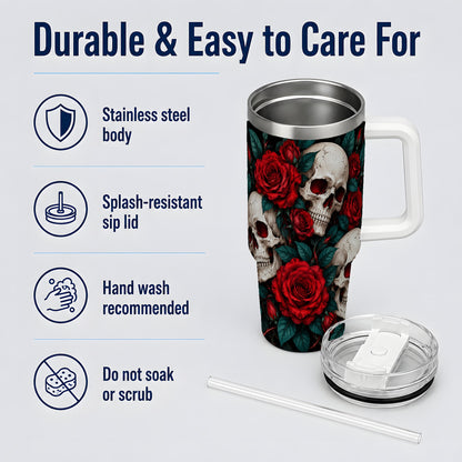 Red Rose Skull 40oz Tumbler, Stainless Steel Dark Gothic Floral Art
