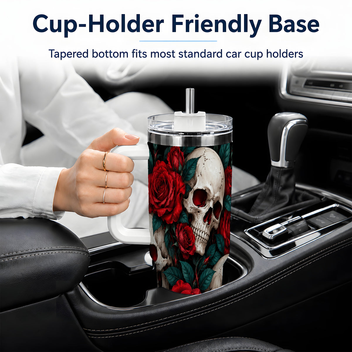 Red Rose Skull 40oz Tumbler, Stainless Steel Dark Gothic Floral Art