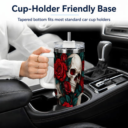 Red Rose Skull 40oz Tumbler, Stainless Steel Dark Gothic Floral Art