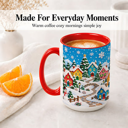 #pl[15oz|Red] Christmas Village Ceramic Mug, Colorful Snowy Winter Artwork