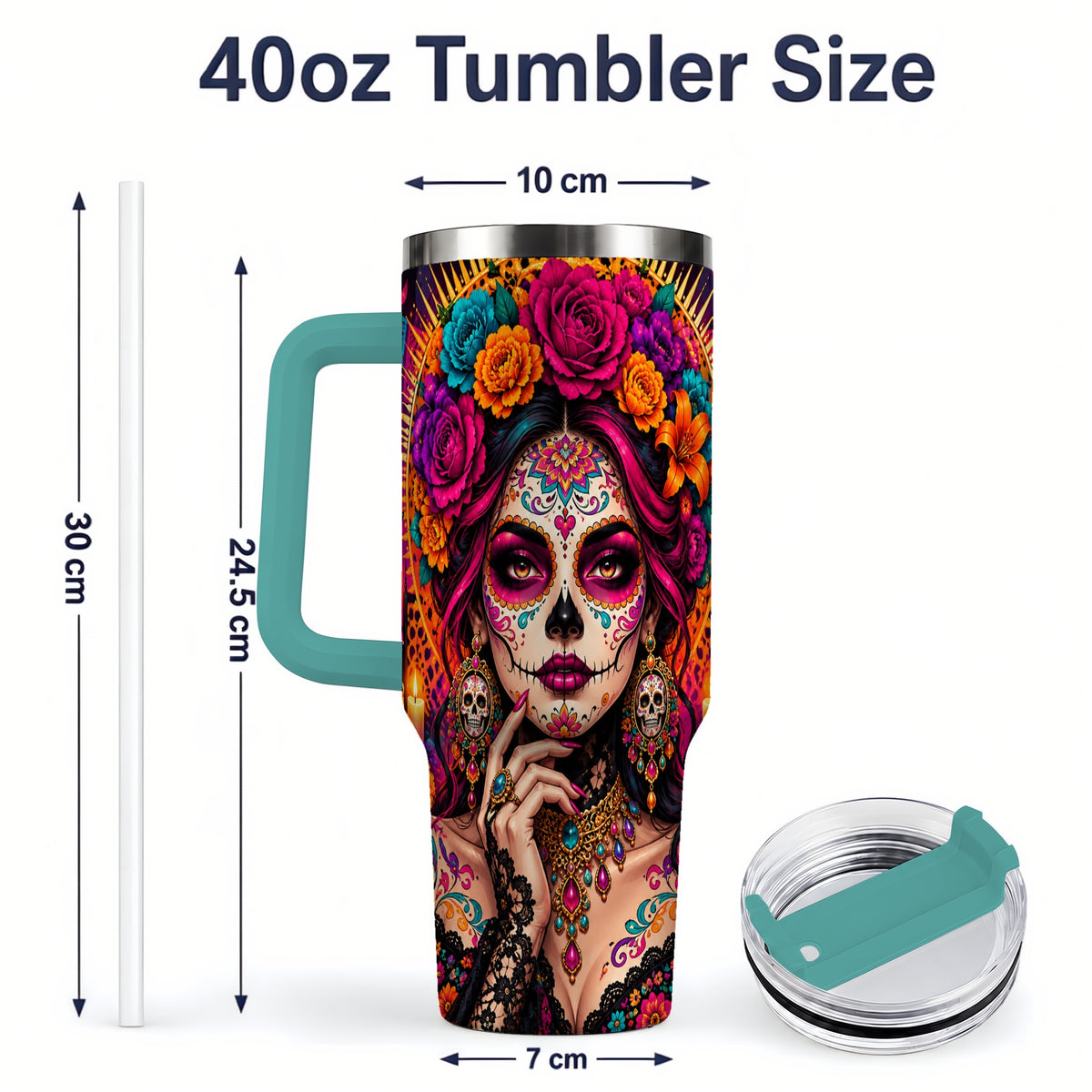 #pl[40oz|Green] Floral Sugar Skull Woman 40oz Tumbler, Colorful Day of the Dead Art