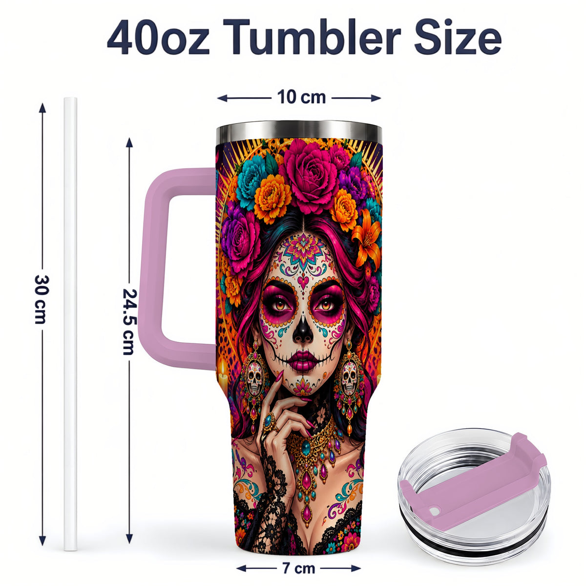 #pl[40oz|Pink] Floral Sugar Skull Woman 40oz Tumbler, Colorful Day of the Dead Art