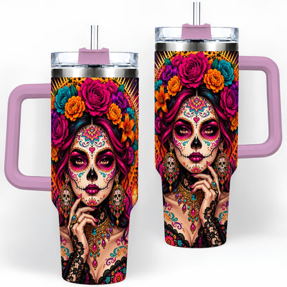 #pl[40oz|Pink] Floral Sugar Skull Woman 40oz Tumbler, Colorful Day of the Dead Art