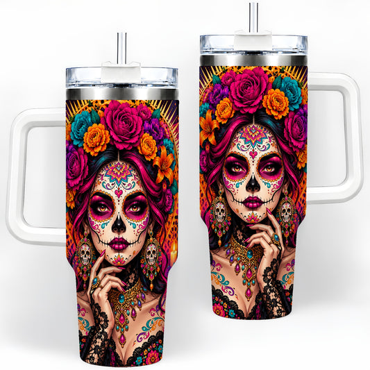 Floral Sugar Skull Woman 40oz Tumbler, Colorful Day of the Dead Art