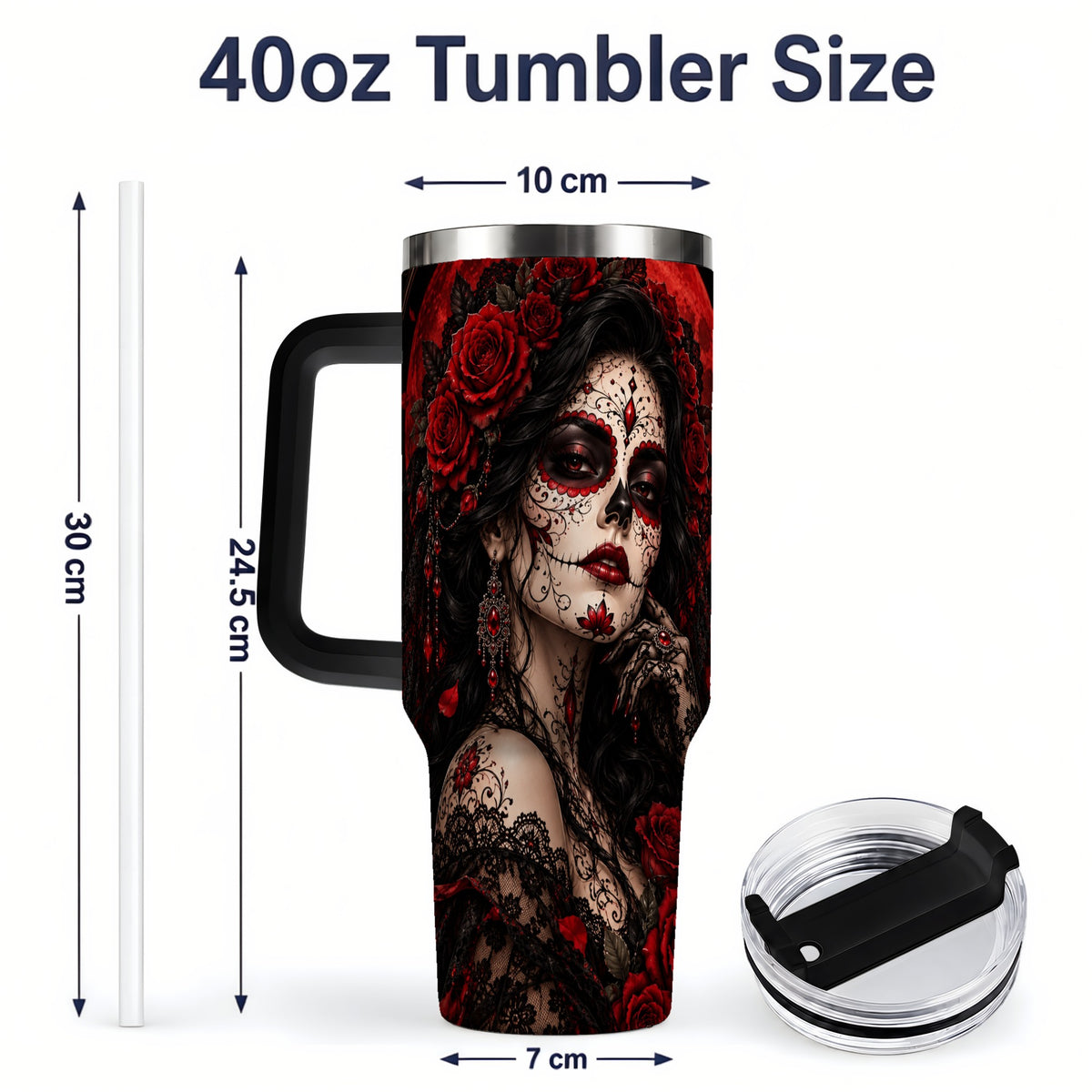 #pl[40oz|Black] Gothic Sugar Skull Woman 40oz Tumbler, Dark Red Rose Moon Artwork