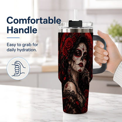 #pl[40oz|Black] Gothic Sugar Skull Woman 40oz Tumbler, Dark Red Rose Moon Artwork