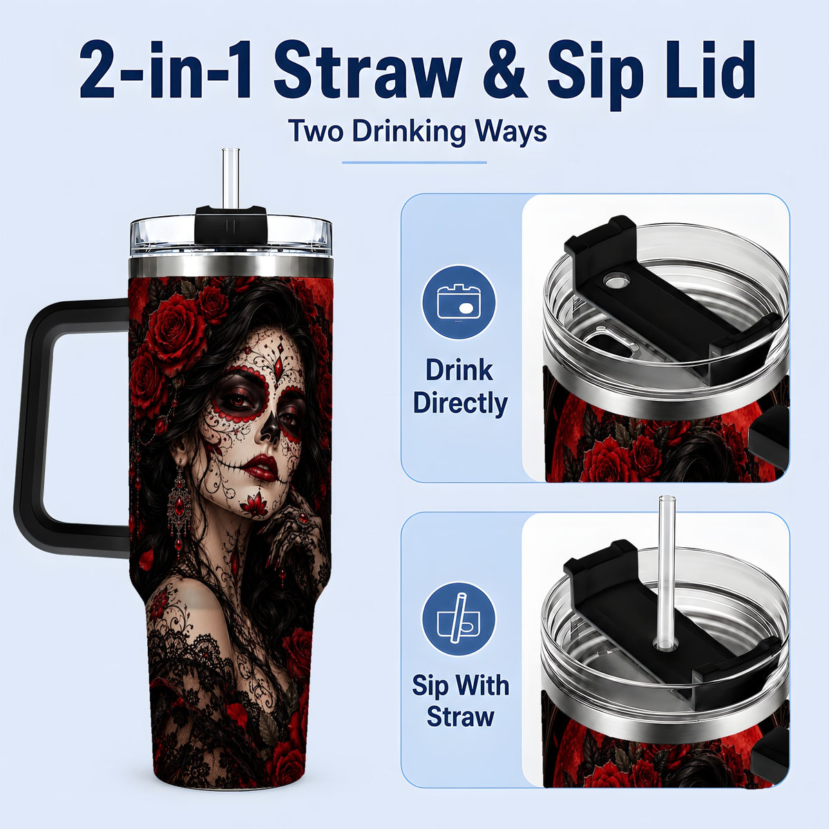 #pl[40oz|Black] Gothic Sugar Skull Woman 40oz Tumbler, Dark Red Rose Moon Artwork