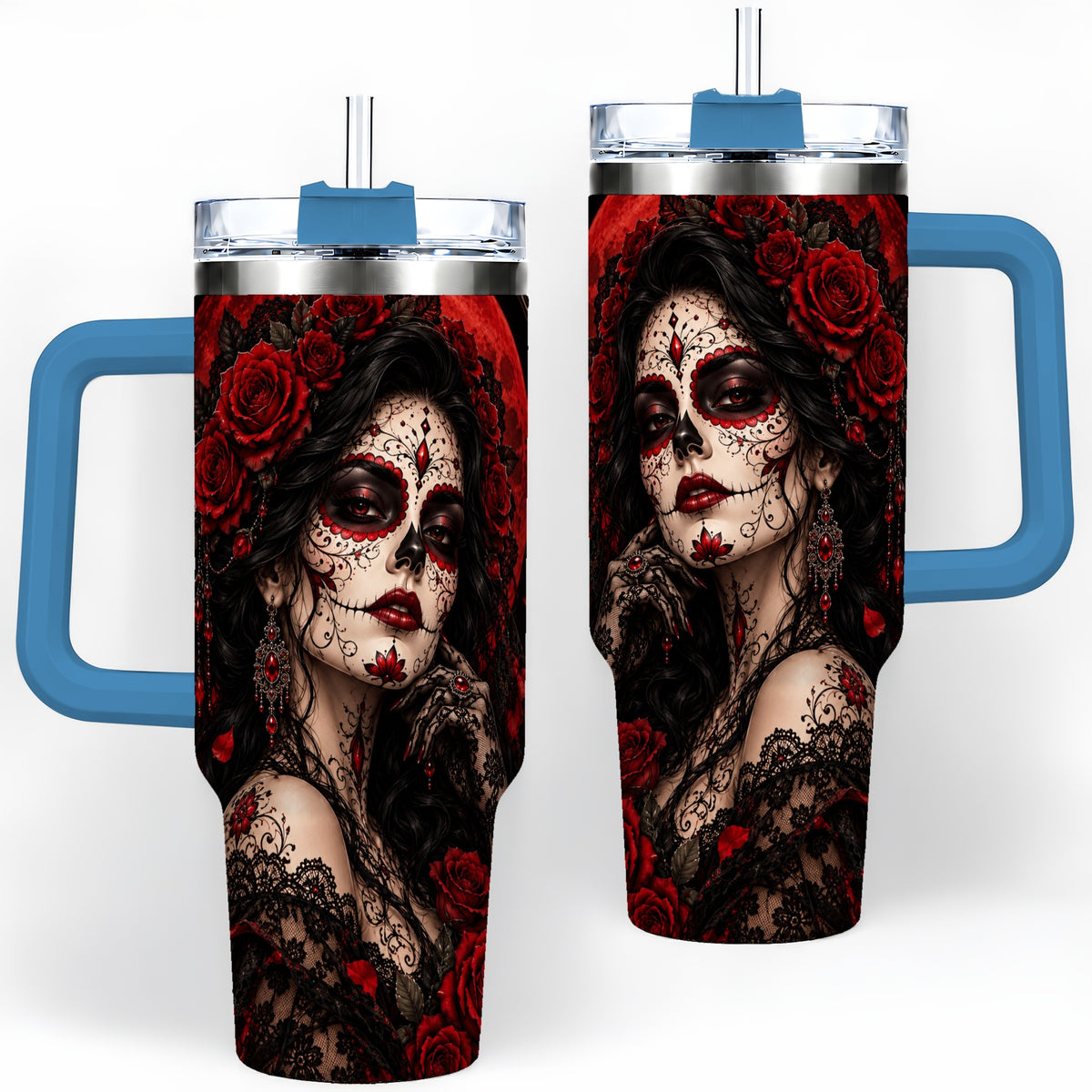 #pl[40oz|Blue] Gothic Sugar Skull Woman 40oz Tumbler, Dark Red Rose Moon Artwork