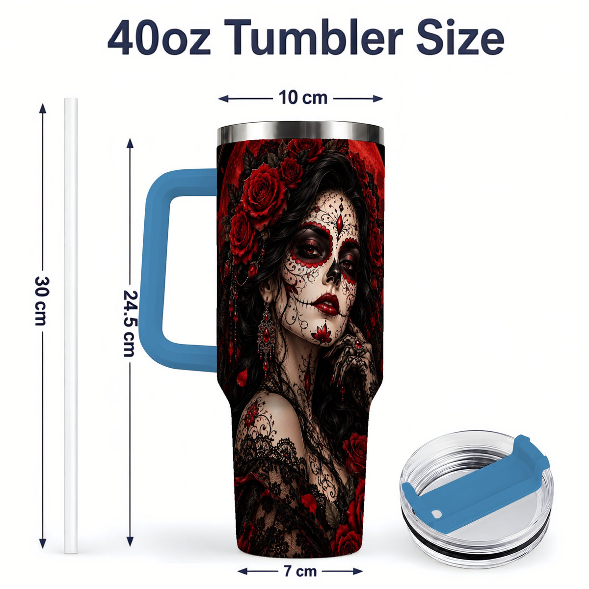 #pl[40oz|Blue] Gothic Sugar Skull Woman 40oz Tumbler, Dark Red Rose Moon Artwork