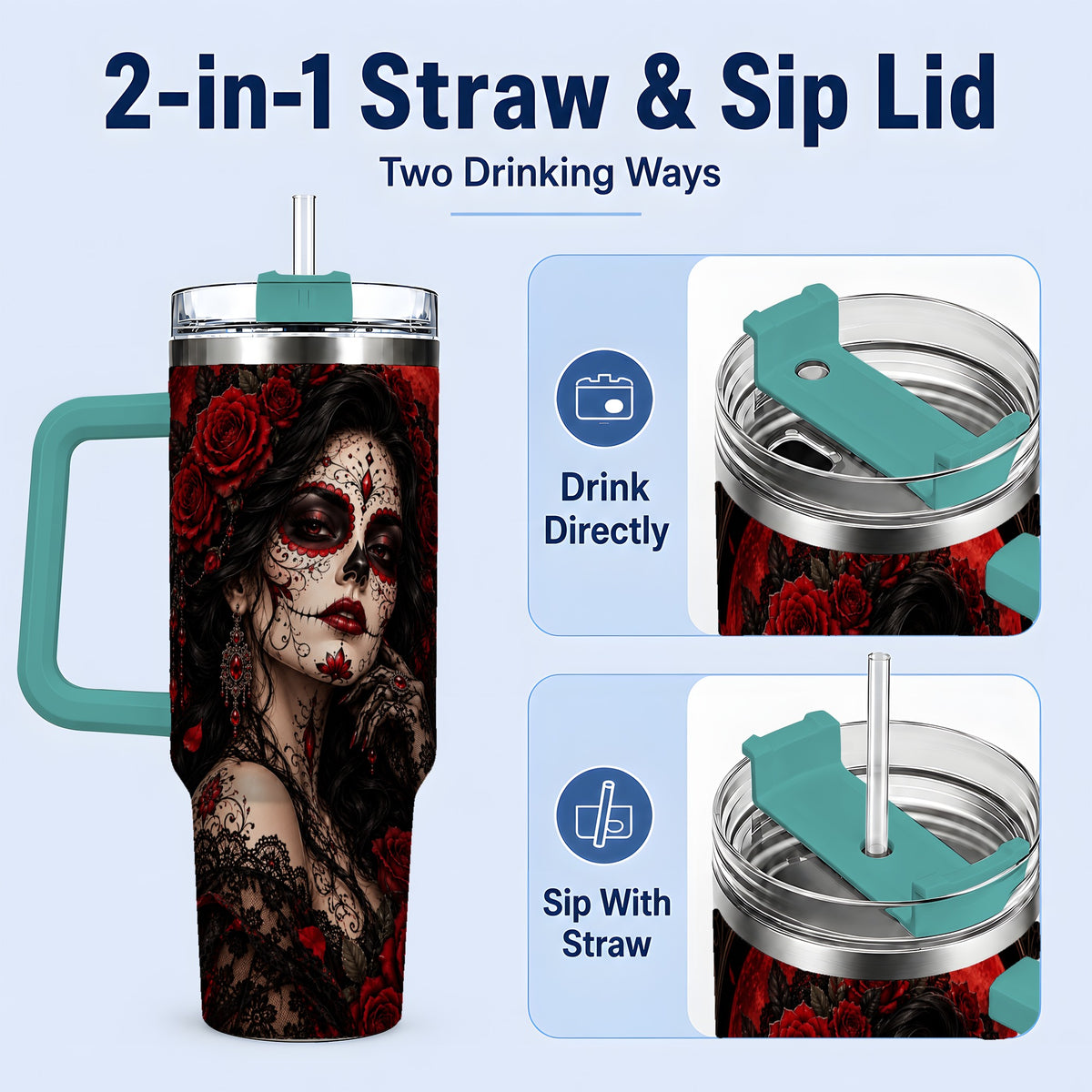 #pl[40oz|Green] Gothic Sugar Skull Woman 40oz Tumbler, Dark Red Rose Moon Artwork