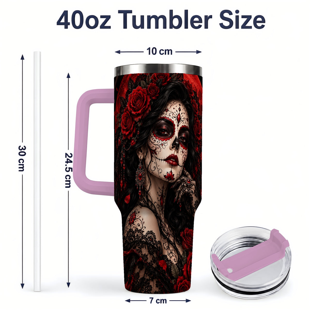 #pl[40oz|Pink] Gothic Sugar Skull Woman 40oz Tumbler, Dark Red Rose Moon Artwork