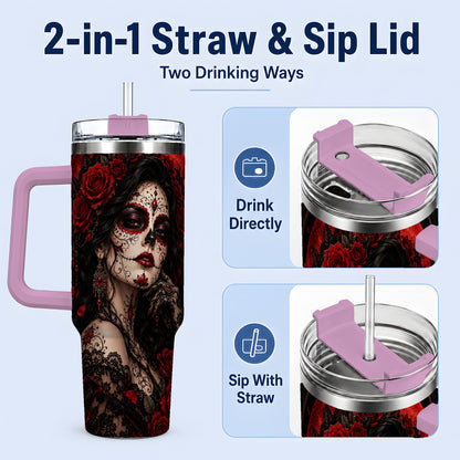 #pl[40oz|Pink] Gothic Sugar Skull Woman 40oz Tumbler, Dark Red Rose Moon Artwork