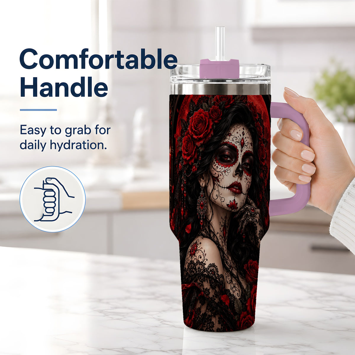 #pl[40oz|Pink] Gothic Sugar Skull Woman 40oz Tumbler, Dark Red Rose Moon Artwork