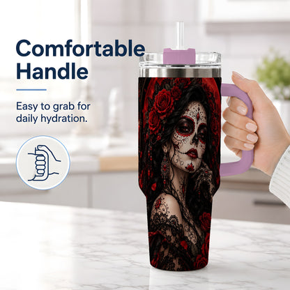 #pl[40oz|Pink] Gothic Sugar Skull Woman 40oz Tumbler, Dark Red Rose Moon Artwork