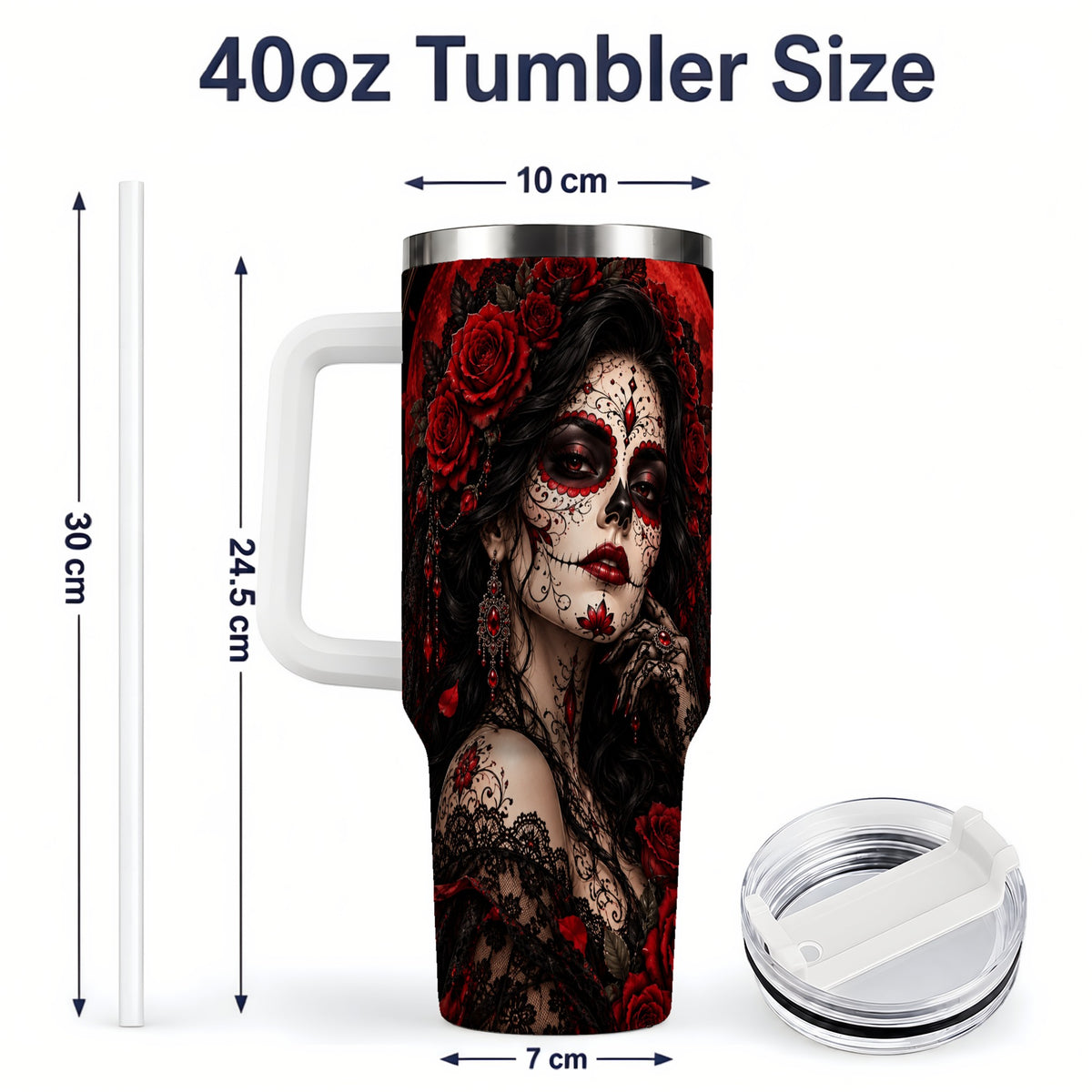 #pl[40oz|White] Gothic Sugar Skull Woman 40oz Tumbler, Dark Red Rose Moon Artwork