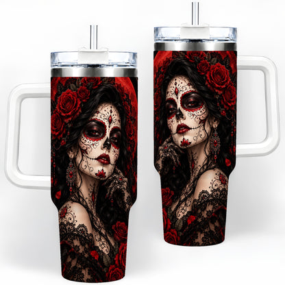 Gothic Sugar Skull Woman 40oz Tumbler, Dark Red Rose Moon Artwork
