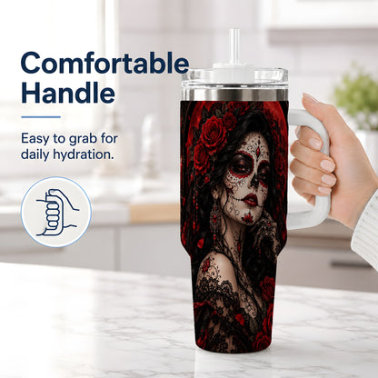#pl[40oz|White] Gothic Sugar Skull Woman 40oz Tumbler, Dark Red Rose Moon Artwork