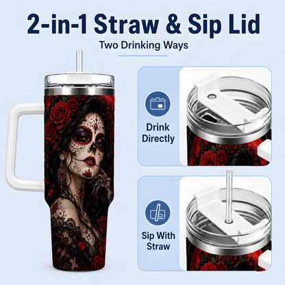 #pl[40oz|White] Gothic Sugar Skull Woman 40oz Tumbler, Dark Red Rose Moon Artwork