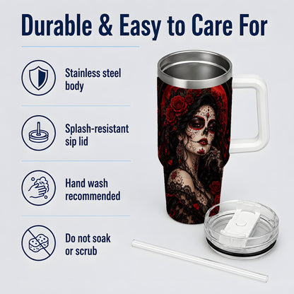 Gothic Sugar Skull Woman 40oz Tumbler, Dark Red Rose Moon Artwork