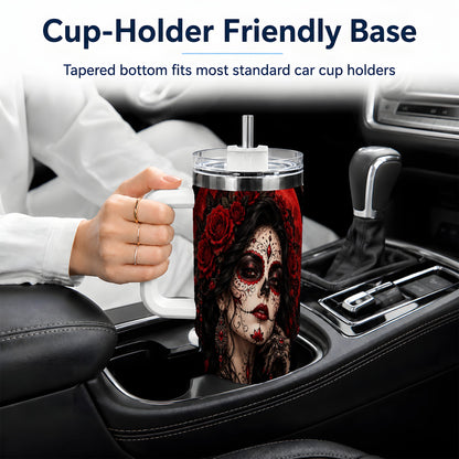 Gothic Sugar Skull Woman 40oz Tumbler, Dark Red Rose Moon Artwork