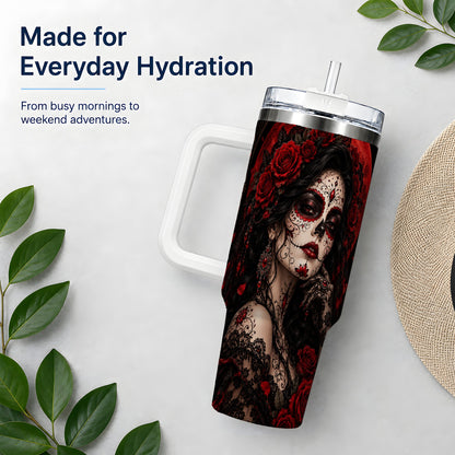 Gothic Sugar Skull Woman 40oz Tumbler, Dark Red Rose Moon Artwork