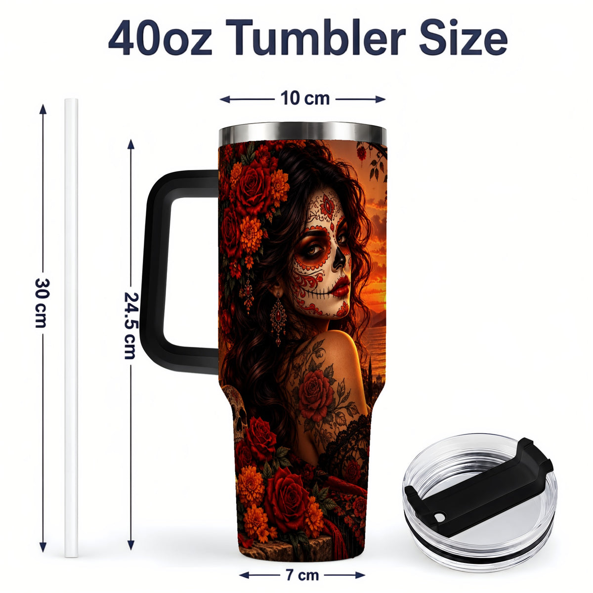 #pl[40oz|Black] Sunset Sugar Skull Woman 40oz Tumbler, Stainless Steel Gothic Art