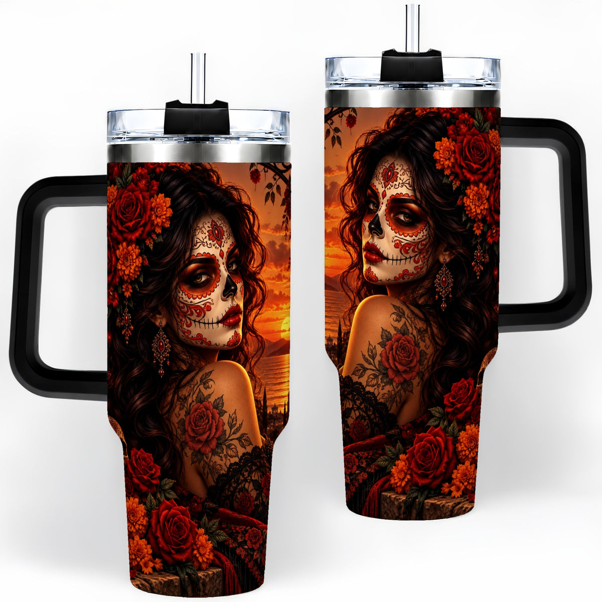 #pl[40oz|Black] Sunset Sugar Skull Woman 40oz Tumbler, Stainless Steel Gothic Art