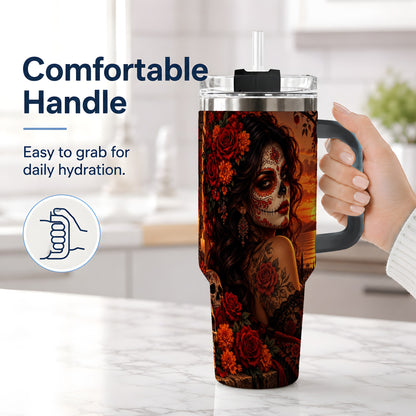#pl[40oz|Black] Sunset Sugar Skull Woman 40oz Tumbler, Stainless Steel Gothic Art