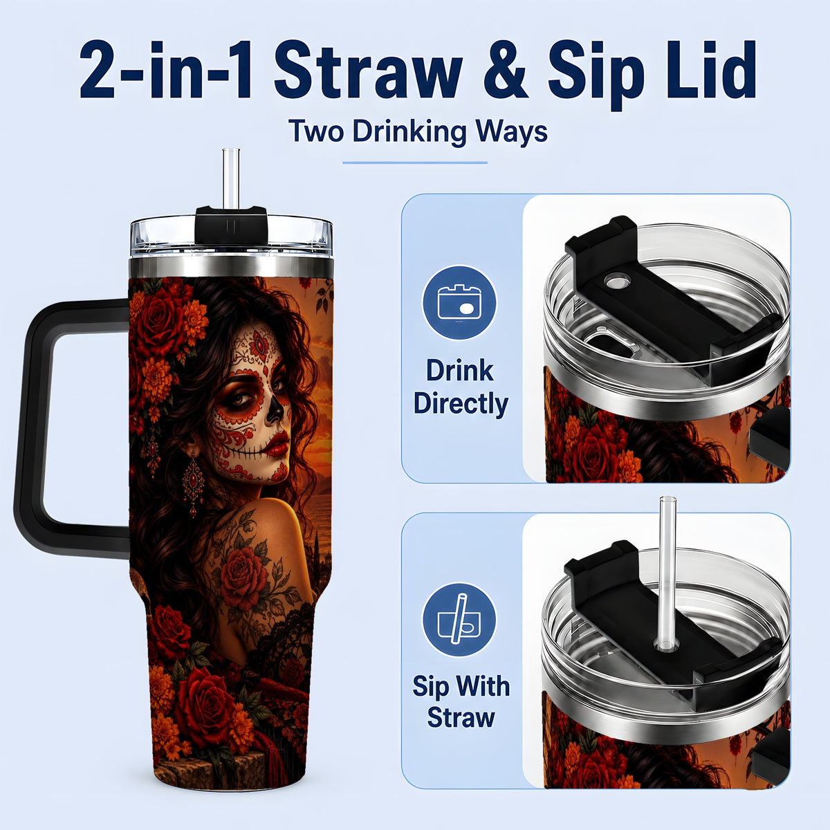 #pl[40oz|Black] Sunset Sugar Skull Woman 40oz Tumbler, Stainless Steel Gothic Art