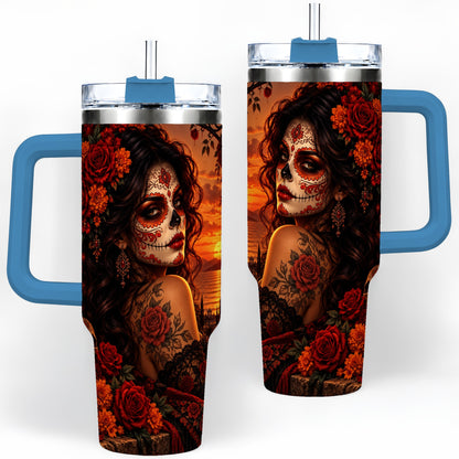 #pl[40oz|Blue] Sunset Sugar Skull Woman 40oz Tumbler, Stainless Steel Gothic Art