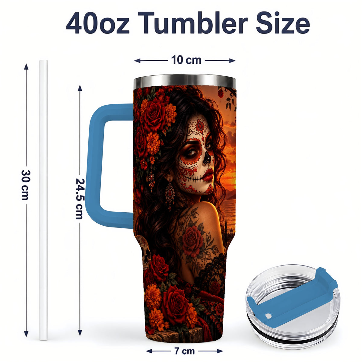 #pl[40oz|Blue] Sunset Sugar Skull Woman 40oz Tumbler, Stainless Steel Gothic Art