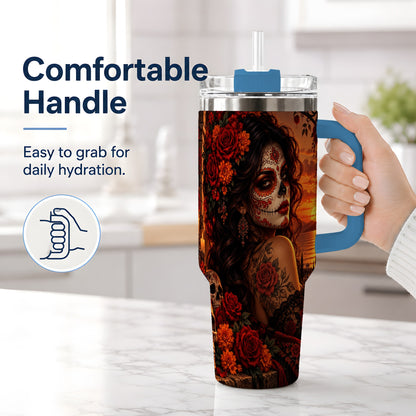 #pl[40oz|Blue] Sunset Sugar Skull Woman 40oz Tumbler, Stainless Steel Gothic Art