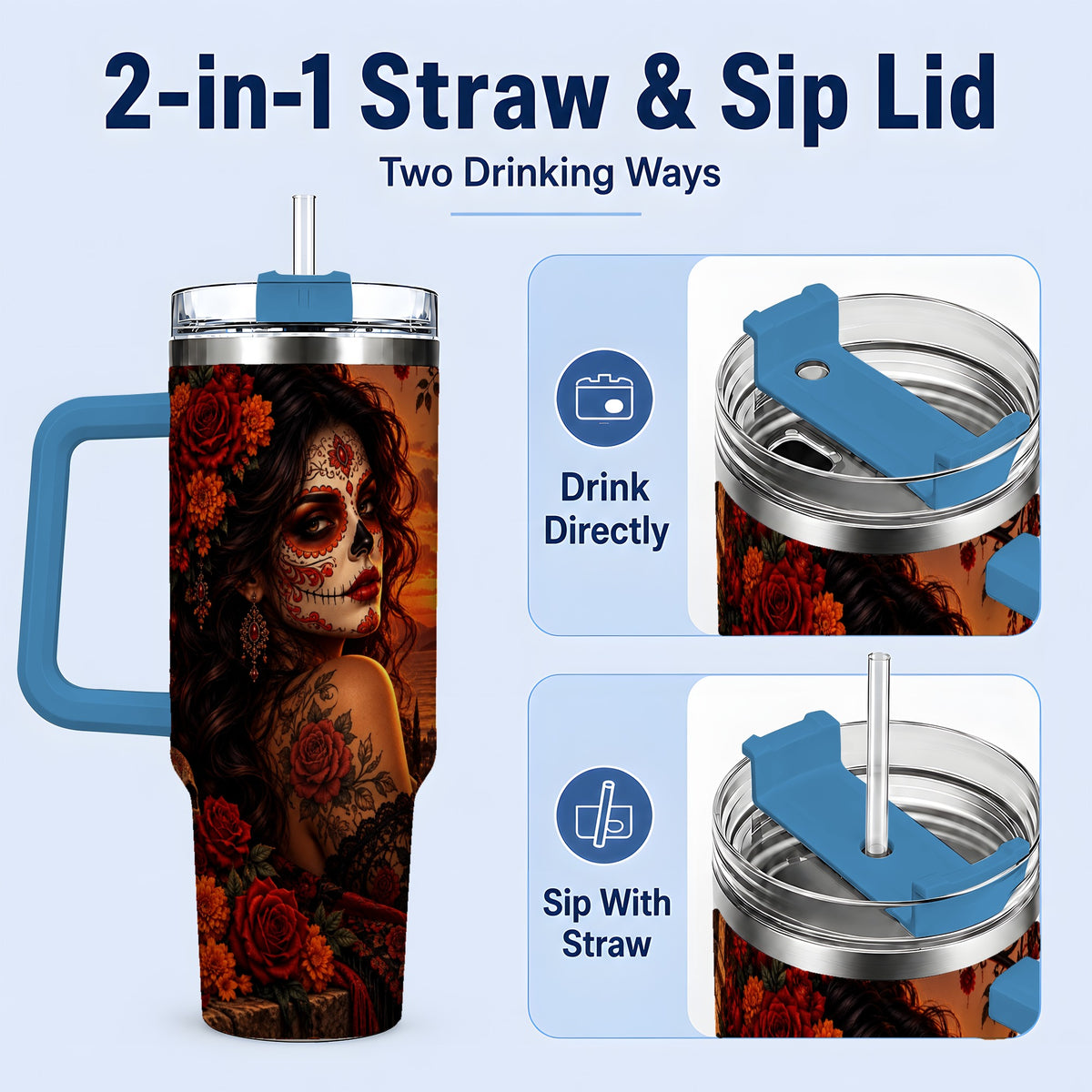 #pl[40oz|Blue] Sunset Sugar Skull Woman 40oz Tumbler, Stainless Steel Gothic Art
