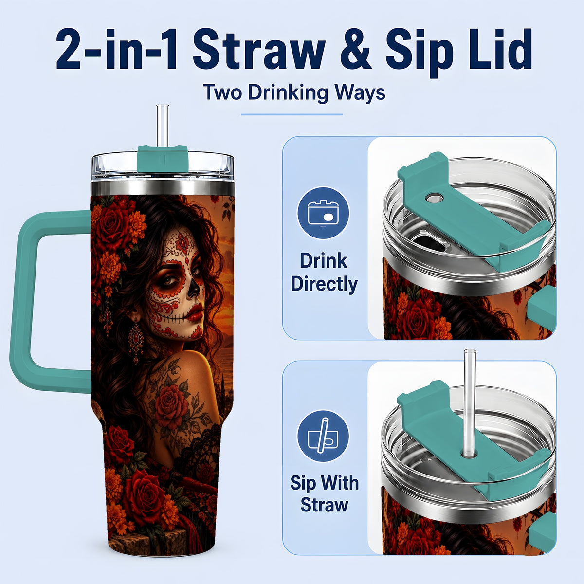 #pl[40oz|Green] Sunset Sugar Skull Woman 40oz Tumbler, Stainless Steel Gothic Art
