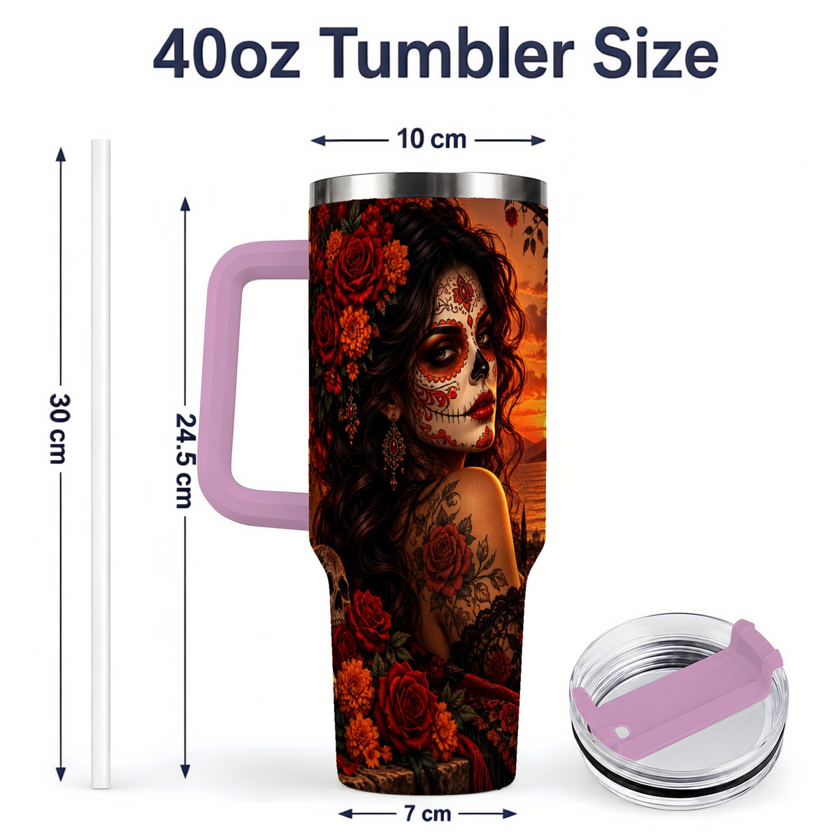 #pl[40oz|Pink] Sunset Sugar Skull Woman 40oz Tumbler, Stainless Steel Gothic Art