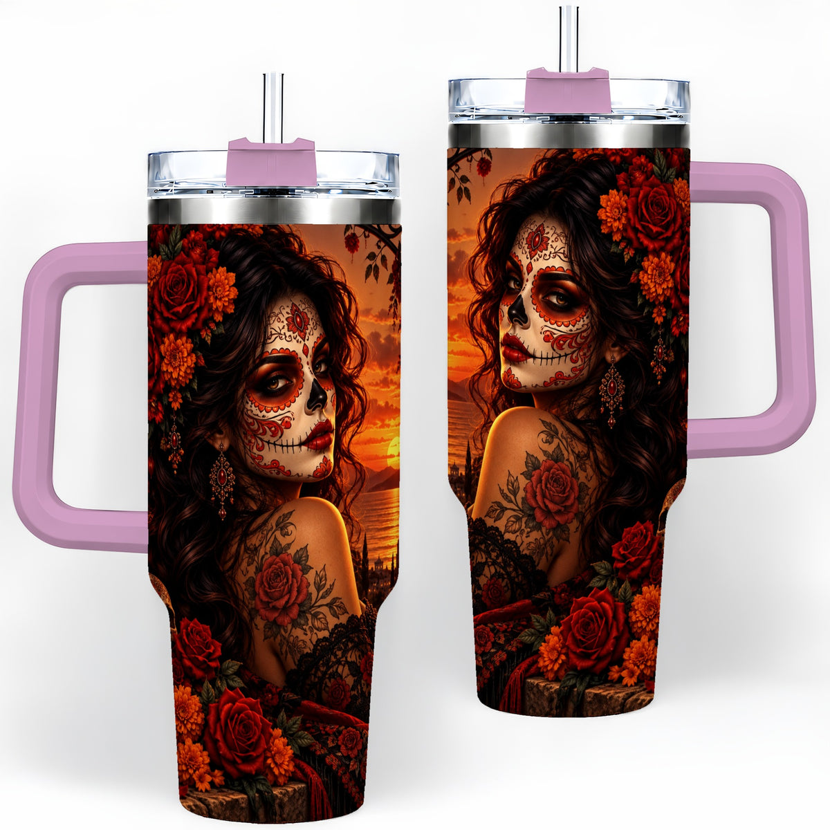 #pl[40oz|Pink] Sunset Sugar Skull Woman 40oz Tumbler, Stainless Steel Gothic Art