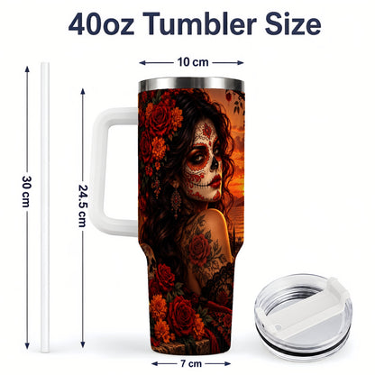 #pl[40oz|White] Sunset Sugar Skull Woman 40oz Tumbler, Stainless Steel Gothic Art
