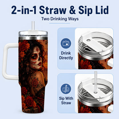 #pl[40oz|White] Sunset Sugar Skull Woman 40oz Tumbler, Stainless Steel Gothic Art
