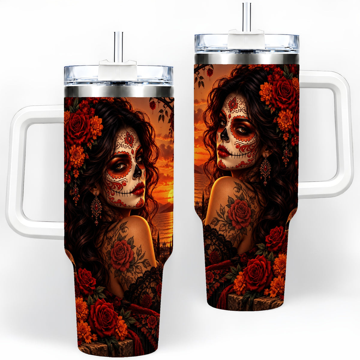 Sunset Sugar Skull Woman 40oz Tumbler, Stainless Steel Gothic Art