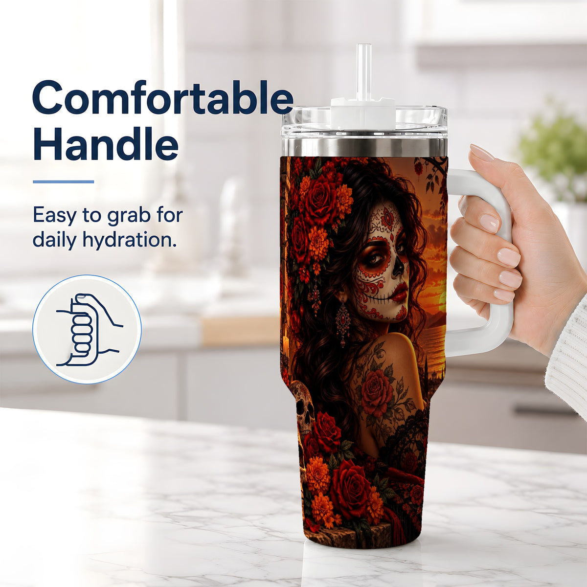 #pl[40oz|White] Sunset Sugar Skull Woman 40oz Tumbler, Stainless Steel Gothic Art